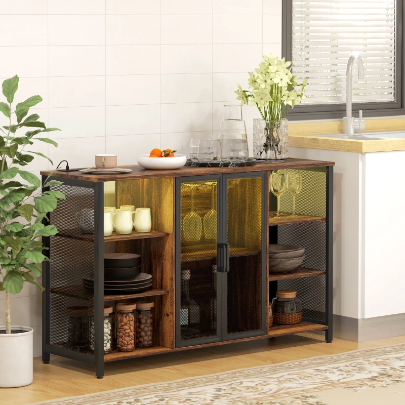 HOMCOM LED Wine Cabinet with Charging Station Glass Holders, Open Shelves, Rustic Brown