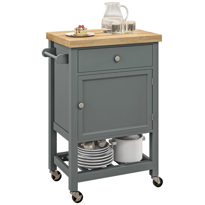 HOMCOM Kitchen Island on Wheels, Rolling Kitchen Cart with Rubberwood Top, Drawer, Wine Rack and Cabinet, Gray