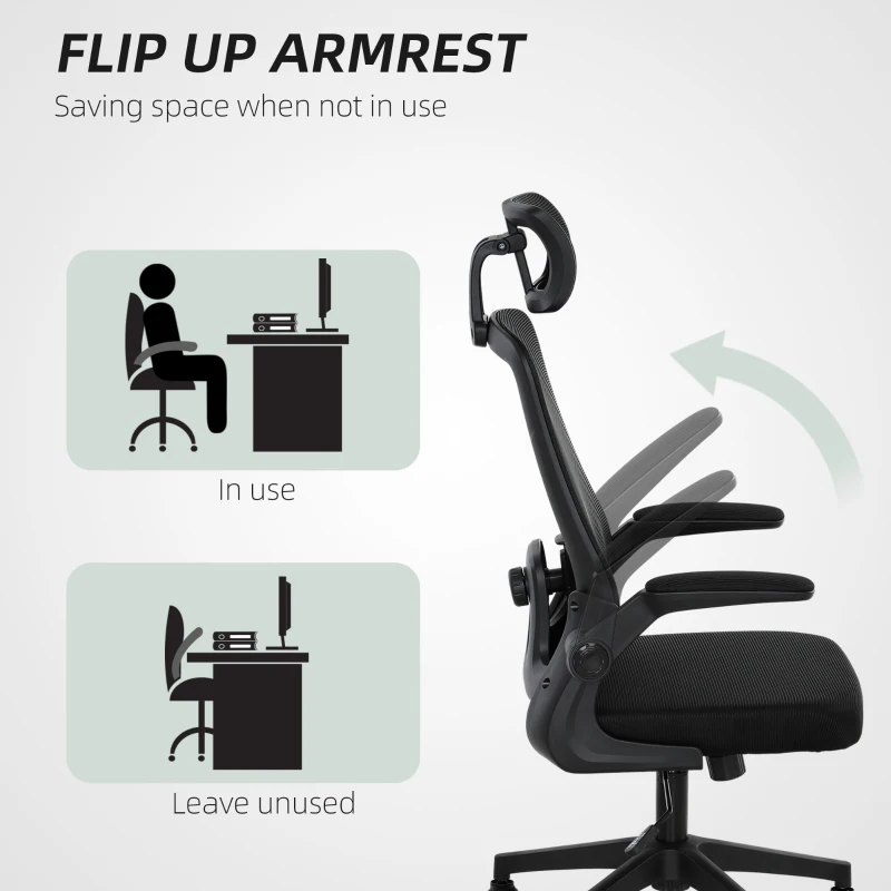 HOMCOM Mesh Office Chair, Ergonomic Desk Chair with Flip-up Armrest, Rotatable Headrest, Adjustable Lumbar Support, Black