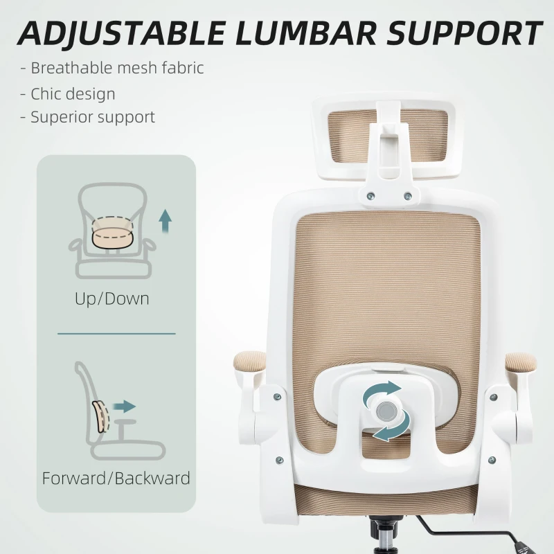 HOMCOM Mesh Office Chair, Ergonomic Desk Chair with Flip-up Armrest, Rotatable Headrest, Adjustable Lumbar Support, Khaki