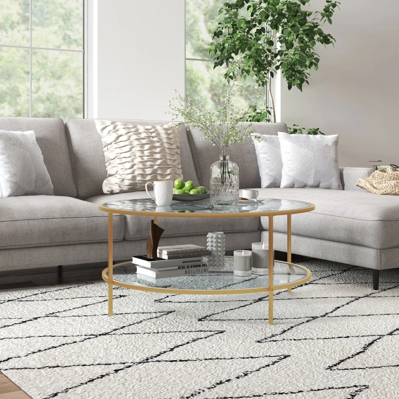HOMCOM Side Table with Storage, 36" Round End Table, 2-Tier Tempered Glass Coffee Table with Steel Frame for Living Room, Gold