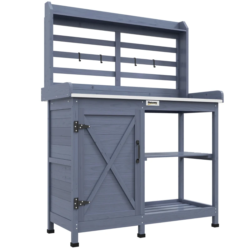 Outsunny Wooden Potting Bench with Storage, Aluminum Tabletop for Backyard, Patio, Balcony, Gray