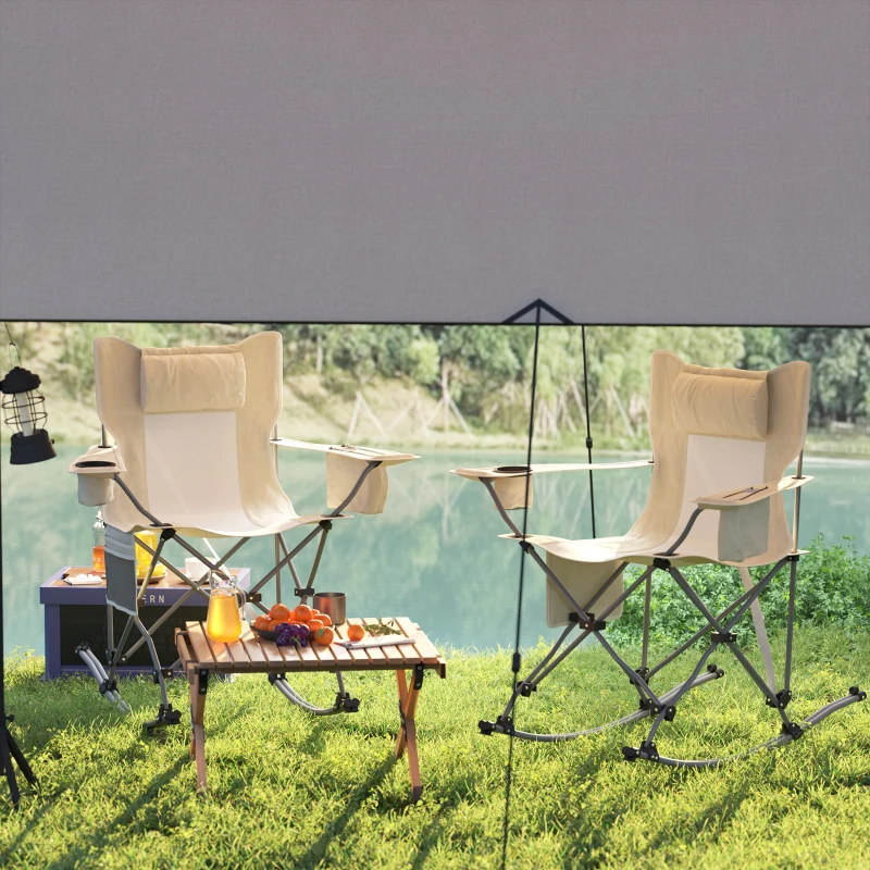 Outsunny Folding Rocking Camping Chairs, Portable Chairs with Headrest, Cooler Bag, Cup Holder, Carry Bag, 2 Pack, Cream