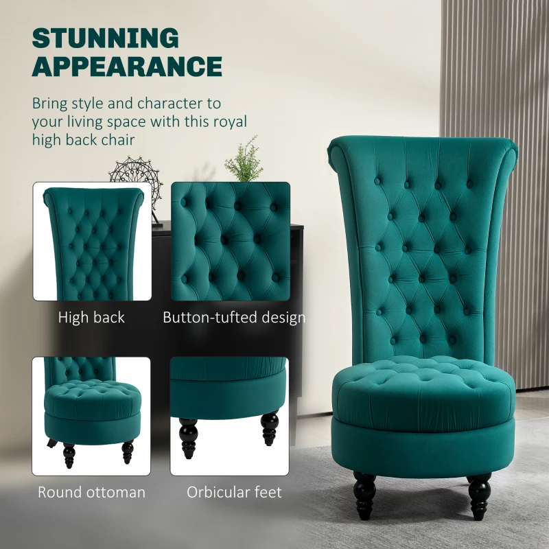 HOMCOM Retro High Back Armless Royal Accent Chair Fabric Upholstered Tufted Seat for Living Room, Dining Room and Bedroom, Green