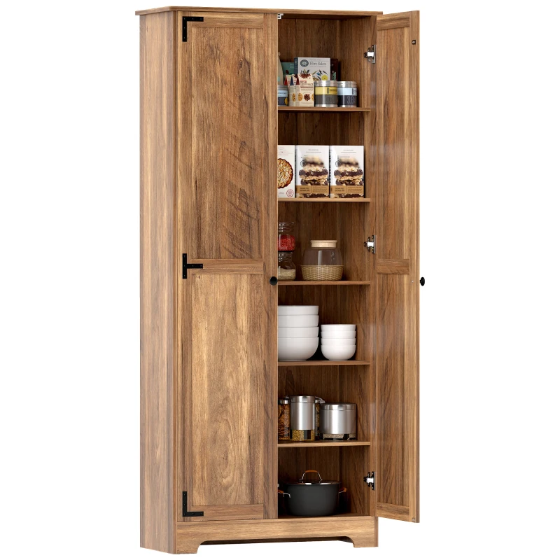 HOMCOM 72" Farmhouse Pantry Cabinet, Freestanding Food Pantry Cabinet with Adjustable Shelves, Brown