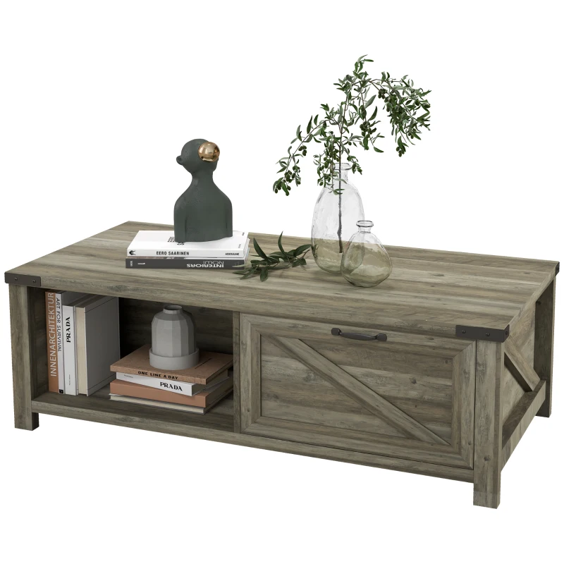 HOMCOM Farmhouse Coffee Table with Storage and Drawer, Rustic Coffee Table for Living Room, Open Shelf, Gray Oak