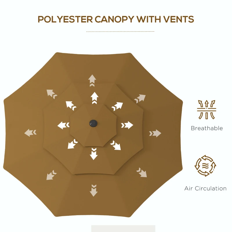 Outsunny 9FT 3 Tiers Outdoor Patio Umbrella with Crank, Push Button Tilt for Deck, Backyard and Lawn, Tan
