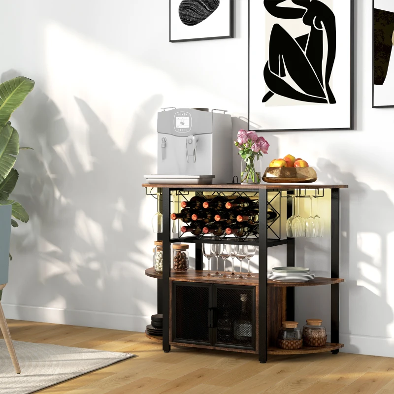 HOMCOM Wine Bar Cabinet with Charging Station, LED Lighted Liquor Cabinet with Wine Racks and Glass Holders, Rustic Brown