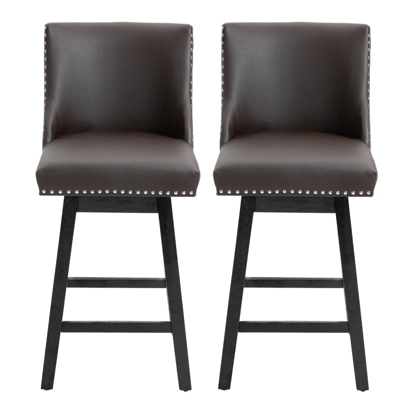 HOMCOM 28" Swivel Bar Height Bar Stools Set of 2, Armless PU Leather Upholstered Barstools Chairs with Nailhead Trim and Wood Legs, Brown