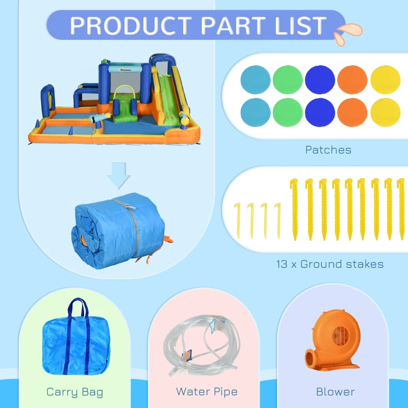 Outsunny 7 in 1 Water Slide w/ Slide Pool Climbing Wall Water Cannon Basketball Hoop Boxing Post Football Stand for 3-8 Years