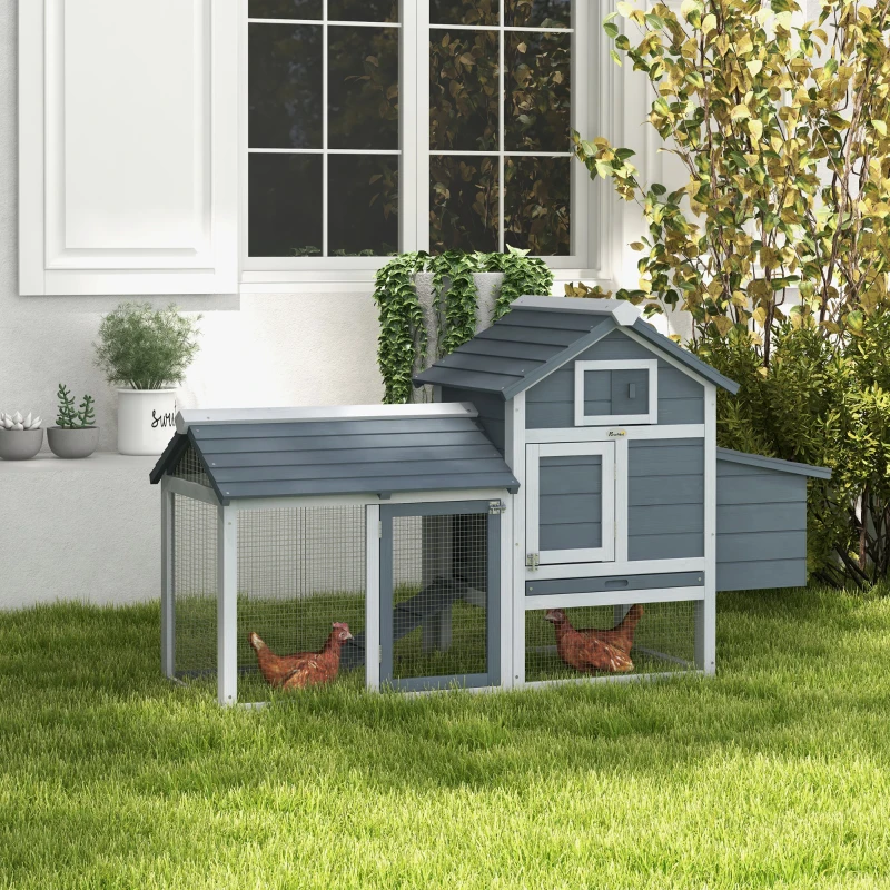 PawHut 59" Small Wooden Chicken coop Hen House Poultry Cage for Outdoor Backyard with 2 Doors, Nesting Box and Removable Tray, Gray