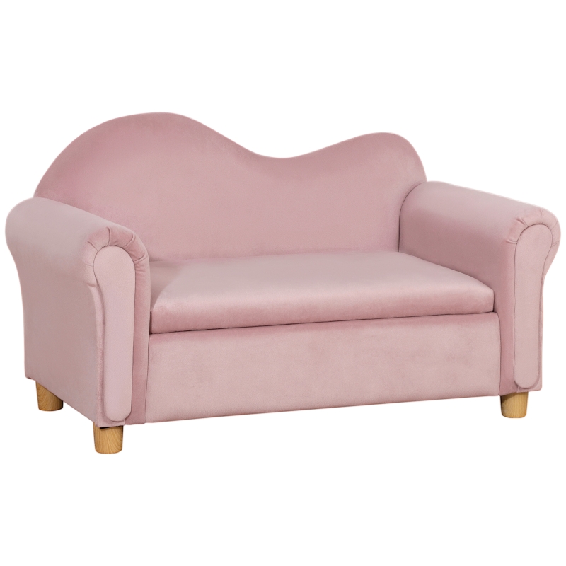Qaba Ergonomic Foam Kids Sofa with Inner Toy Storage Chest Velvet Kids Couch with Soft Arms Children s Lounge Furniture Pink Aosom