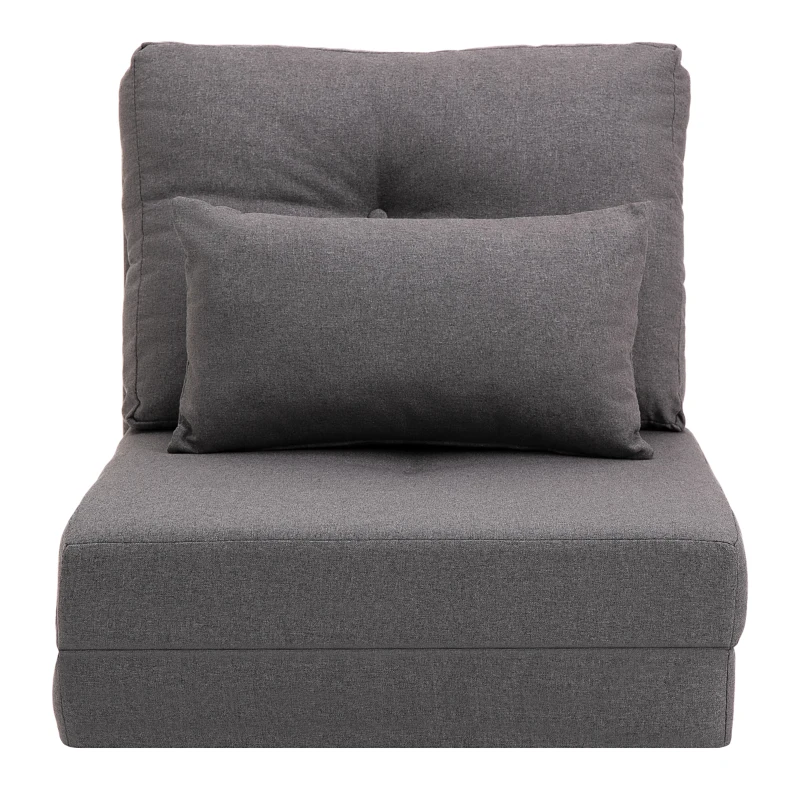 HOMCOM Convertible Flip Chair, Floor Lazy Sofa, Folding Upholstered Couch Bed with Adjustable Backrest, Metal Frame and Pillows for Living Room Bedroom, Dark Gray