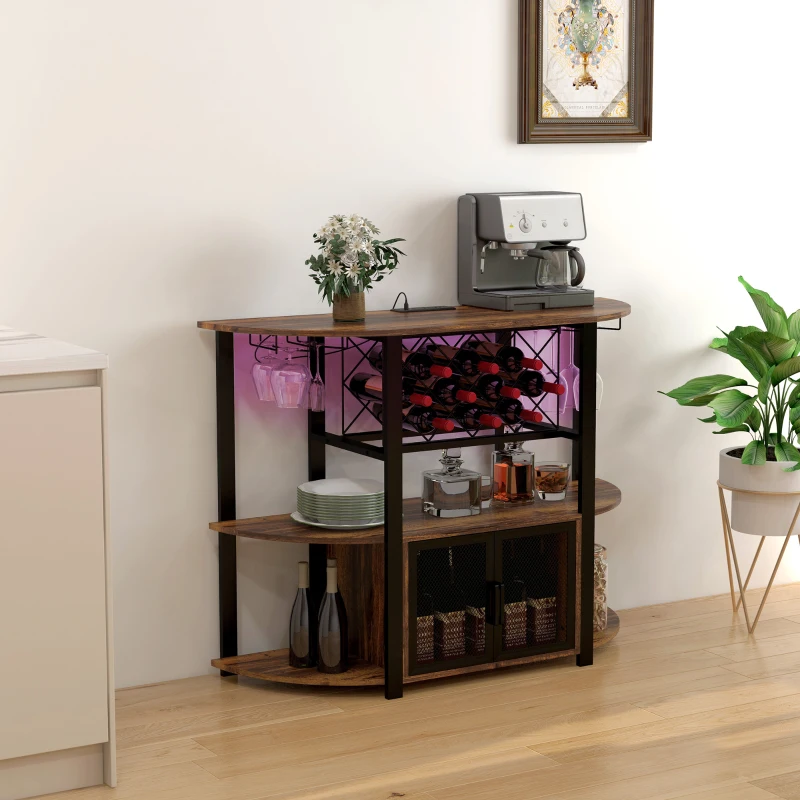 HOMCOM Wine Bar Cabinet with Charging Station, LED Lighted Liquor Cabinet with Wine Racks and Glass Holders, Rustic Brown