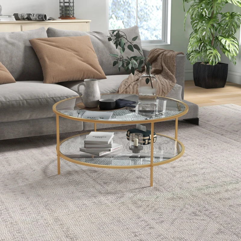 HOMCOM Side Table with Storage, 36" Round End Table, 2-Tier Tempered Glass Coffee Table with Steel Frame for Living Room, Gold