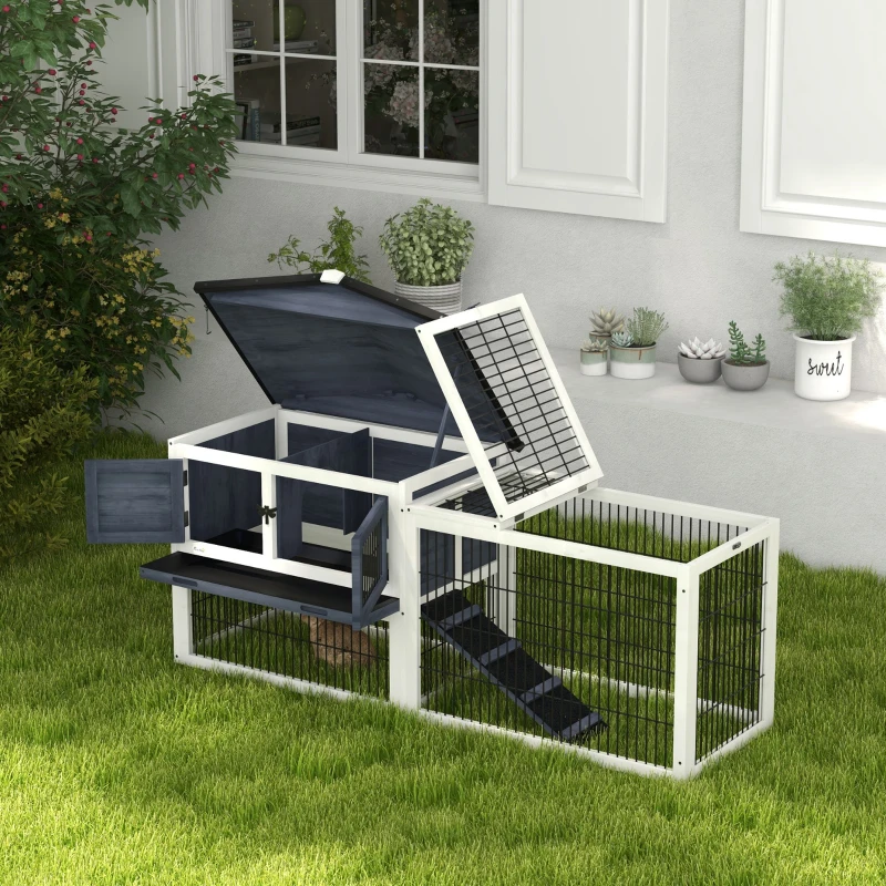 PawHut 2 Level 59" Outdoor Rabbit Hutch with Openable Top, Dark Gray