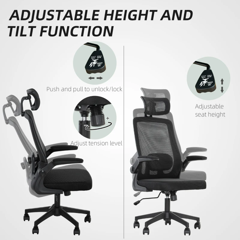HOMCOM Mesh Office Chair, Ergonomic Desk Chair with Flip-up Armrest, Rotatable Headrest, Adjustable Lumbar Support, Black