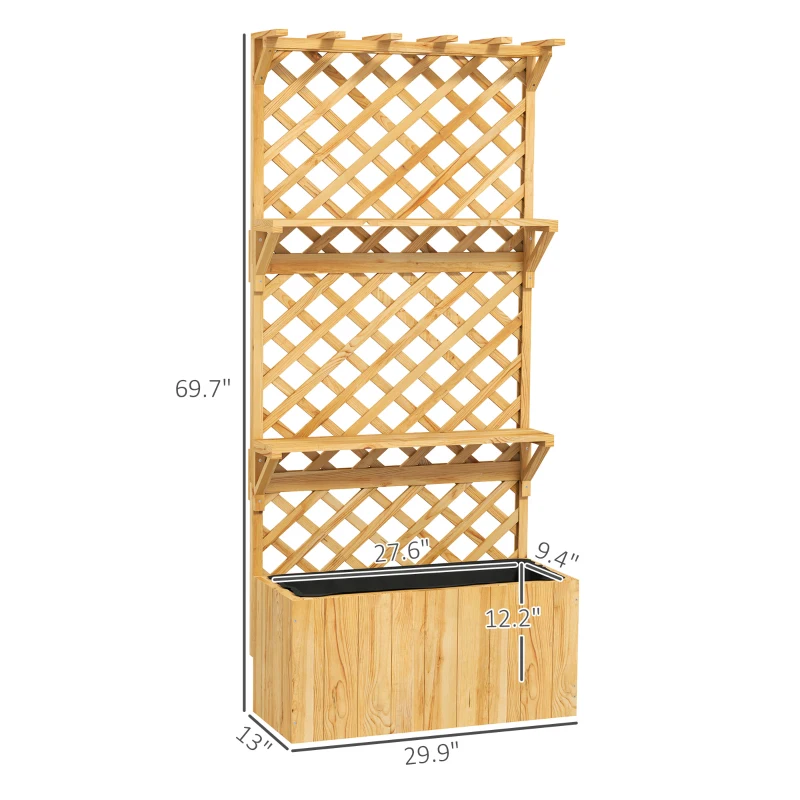 Outsunny Raised Garden Bed, Wooden Planter with Trellis, Hanging Roof, Plant Shelf, Drainage Holes and Bed Liner, Natural