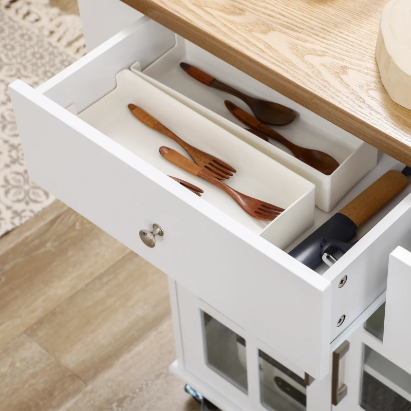 HOMCOM Rolling Kitchen Island with Storage, Utility Kitchen Cart with 2 Drawers, 2 Cupboards, Towel Rack and Spice Rack, Microwave Cart for Dining Room, White