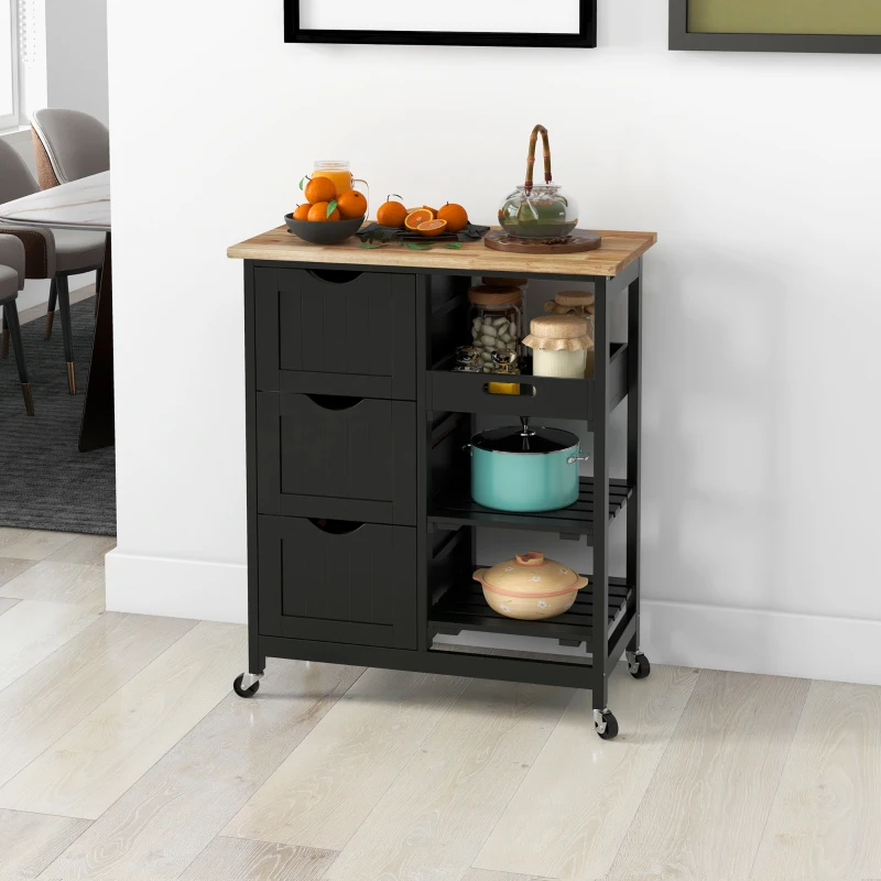 HOMCOM Rolling Kitchen Cart, Kitchen Island with Wood Top, Shelves & Drawers for Dining Area, Black