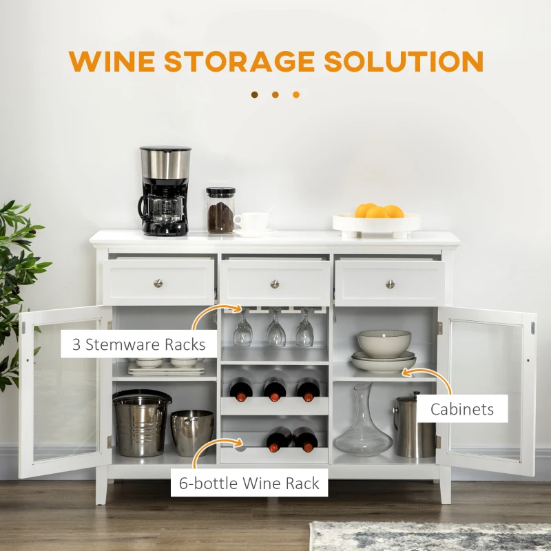 HOMCOM Coffee Bar Cabinet with 3 Drawers, 6-Bottle Wine Rack, Stemware Racks, Glass Door, Sideboard Buffet Cabinet, Wine Cabinet, White