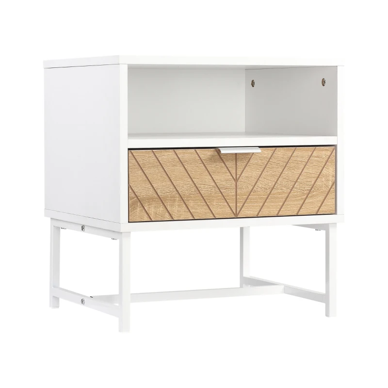HOMCOM Modern Bedside Table with Drawer, Nightstand with Storage Shelf, Sofa End Table for Bedroom, White and Oak