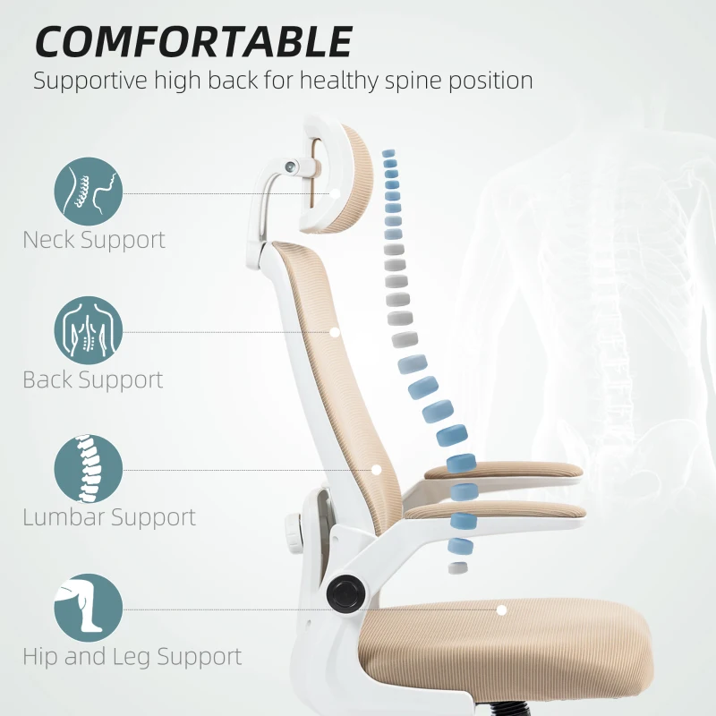 HOMCOM Mesh Office Chair, Ergonomic Desk Chair with Flip-up Armrest, Rotatable Headrest, Adjustable Lumbar Support, Khaki