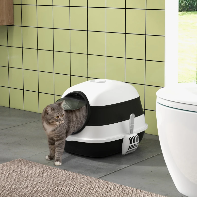 PawHut Dome Covered Cat Litter Box with Lid, White and Black