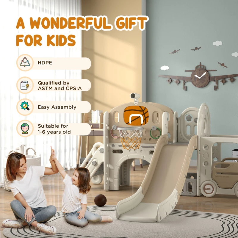 Qaba 9 in 1 Toddler Slide for Kids Ages 1-6 with Bus Front, Basketball Hoop, Climber, Storage Space, Ring Toss, Cream White