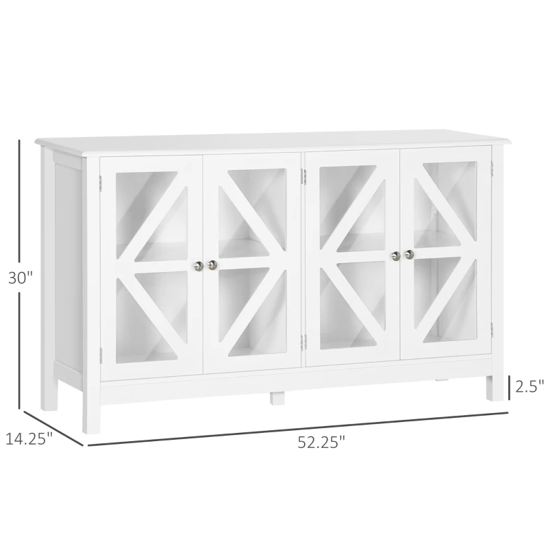 HOMCOM Sideboard, Buffet Cabinet with 4 Tempered Glass Doors and Adjustable Storage Shelf, Credenza, White