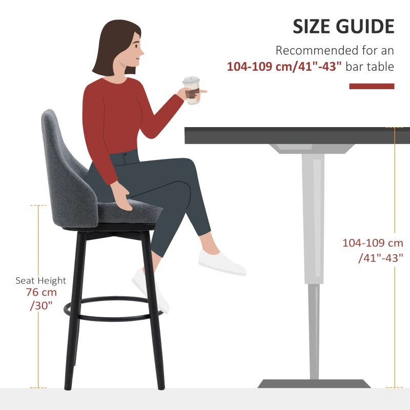 HOMCOM Modern Bar Stools, Set of 2 Swivel Kitchen Chairs, Dark Gray