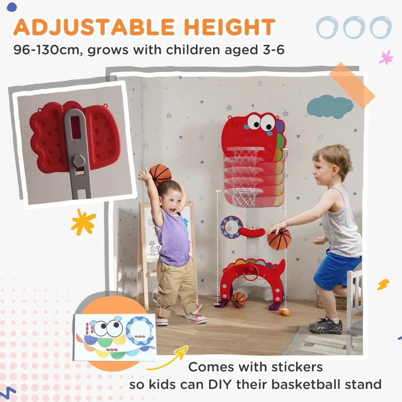 Qaba Adjustable Height 4.4-5 ft Kids Basketball Hoop, 5 in 1 Design, for Indoor Use, Red