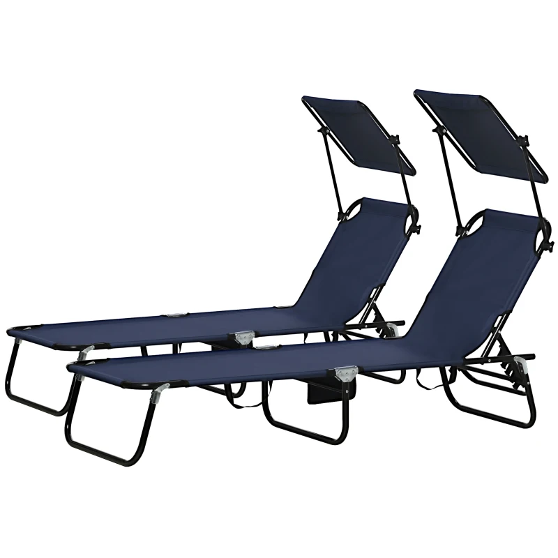 Outsunny Folding Chaise Lounge Pool Lounge Chairs Set of 2, Outdoor Sun Tanning Chairs with Canopy Shade, Reclining Back, Steel Frame and Side Pocket for Beach, Yard, Patio, Dark Blue