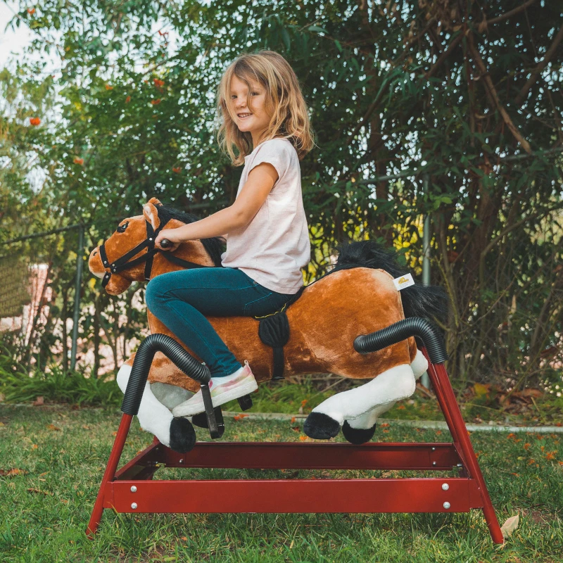 Qaba Durable Kids Plush Spring Rocking Horse, Ride On Rocking Horse with Realistic Sounds, Brown