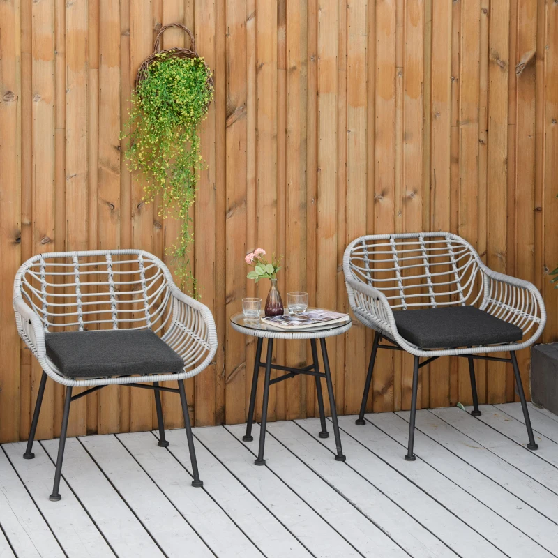 Outsunny 3 Piece Patio Set, Outdoor Bistro Furniture, PE Rattan Wicker Table and Chairs, Cushioned, Gray
