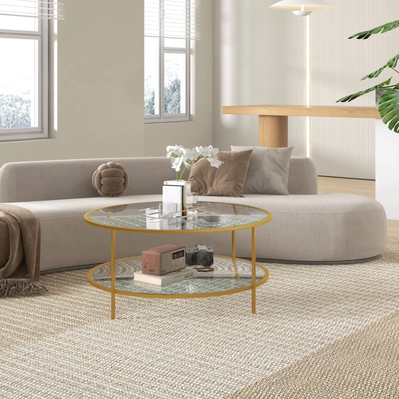 HOMCOM Side Table with Storage, 36" Round End Table, 2-Tier Tempered Glass Coffee Table with Steel Frame for Living Room, Gold