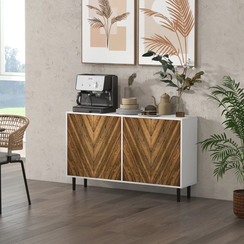 HOMCOM Sideboard Cabinet Kitchen Buffet Cabinet with Adjustable Shelves, 4 Chevron Doors and Pine Wood Legs, Brown
