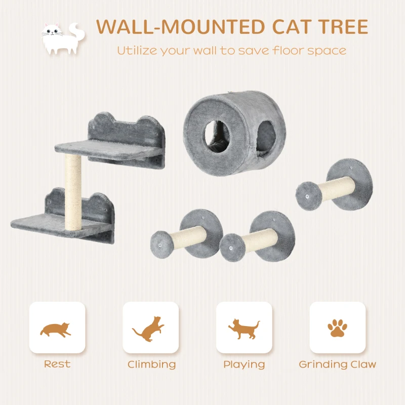 PawHut 5PCs Cat Wall Shelves, Pet Wall-mounted Climbing Shelf Set, Kitten Activity Center with Condo, Cushion, Scratching Post, Jumping Platform, Gray