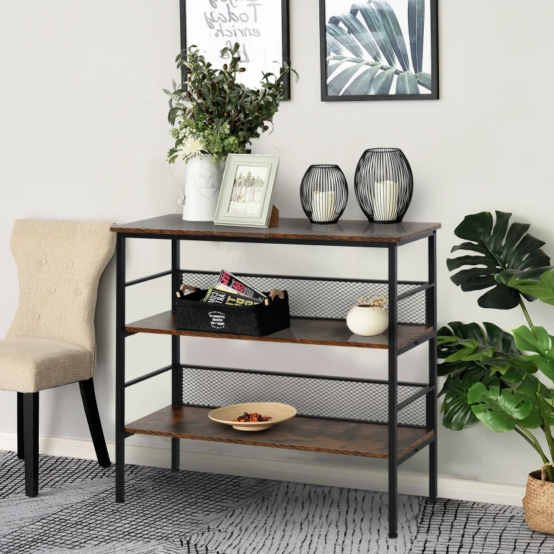 HOMCOM 3-Tier Console Table Industrial Style Storage Metal Wooden Shelf with a Robust Multi-Functional Design & Adjustable Feet, Black