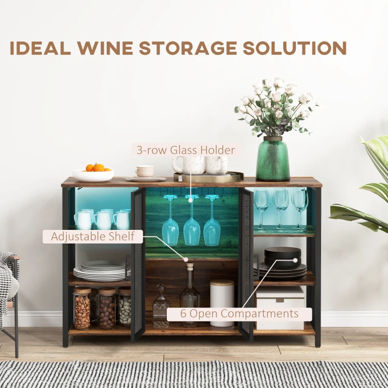 HOMCOM LED Wine Cabinet with Charging Station Glass Holders, Open Shelves, Rustic Brown