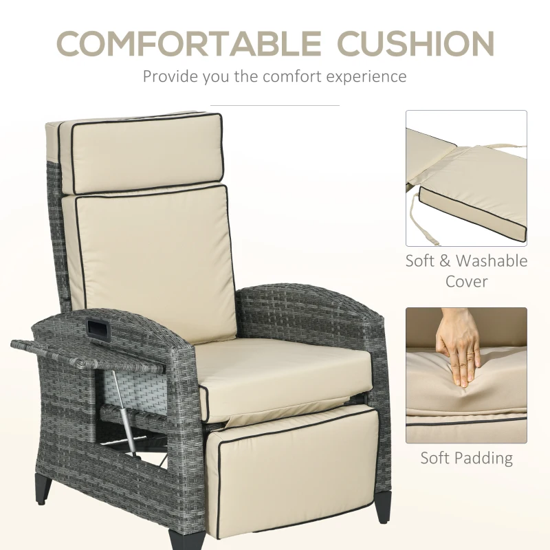 Outsunny Outdoor Recliner Chair with Cushions, Reclining Patio Lounge Chair with Adjustable Footrest, Armrests, Tray Table, Khaki