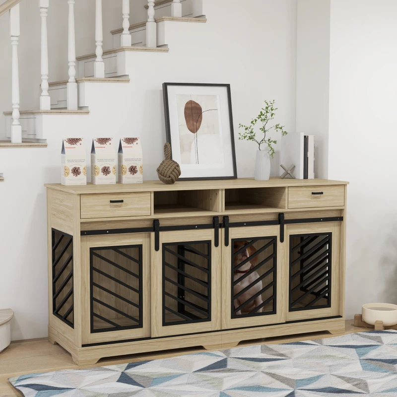 PawHut Modern Dog Kennel Furniture with Removable Divider, Storage, Drawers for 2 Medium Dogs or 1 Large Dog, Oak