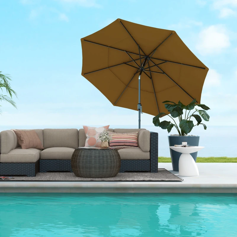 Outsunny 9FT 3 Tiers Outdoor Patio Umbrella with Crank, Push Button Tilt for Deck, Backyard and Lawn, Tan