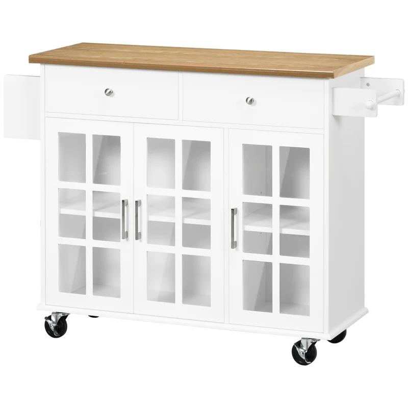 HOMCOM Rolling Kitchen Island with Storage, Utility Kitchen Cart with 2 Drawers, 2 Cupboards, Towel Rack and Spice Rack, Microwave Cart for Dining Room, White
