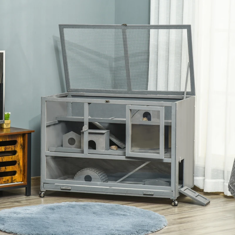 PawHut Wooden 3-Tier Hamster Cage Hutch Box with Ladder Wheels for Small Animals, Dark Gray