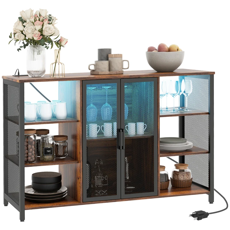 HOMCOM LED Wine Cabinet with Charging Station Glass Holders, Open Shelves, Rustic Brown