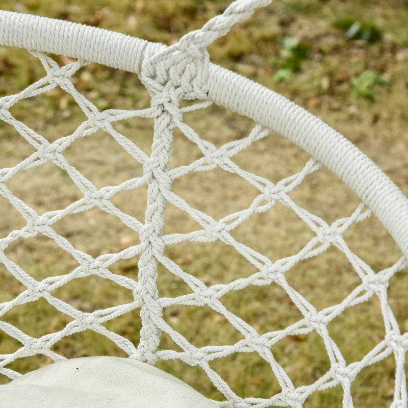 Outsunny Patio Hammock Chair 2 Seat, Hanging Rope Hammock Swing Chair with Metal Frame and Cushion, Large Macrame Seat for Indoor and Outdoor 396 lbs Capacity, Cream White