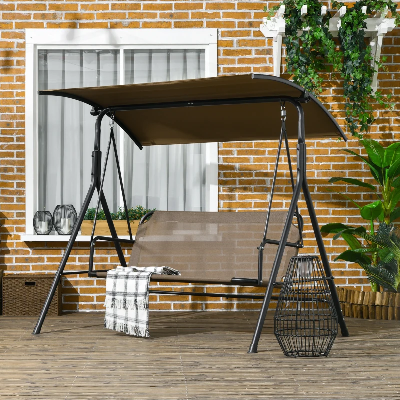 Outsunny 3-Seat Outdoor Patio Swing Chair w/ Cushion, Steel Frame Stand, Adjustable Tilt Canopy for Patio, Garden, Brown