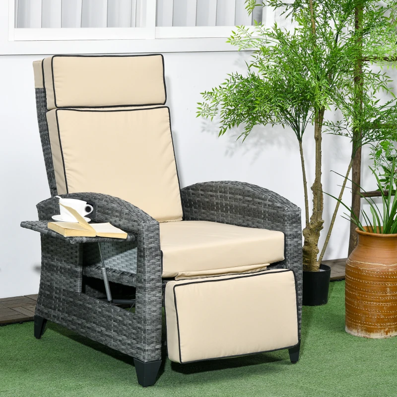 Outsunny Outdoor Recliner Chair with Cushions, Reclining Patio Lounge Chair with Adjustable Footrest, Armrests, Tray Table, Khaki