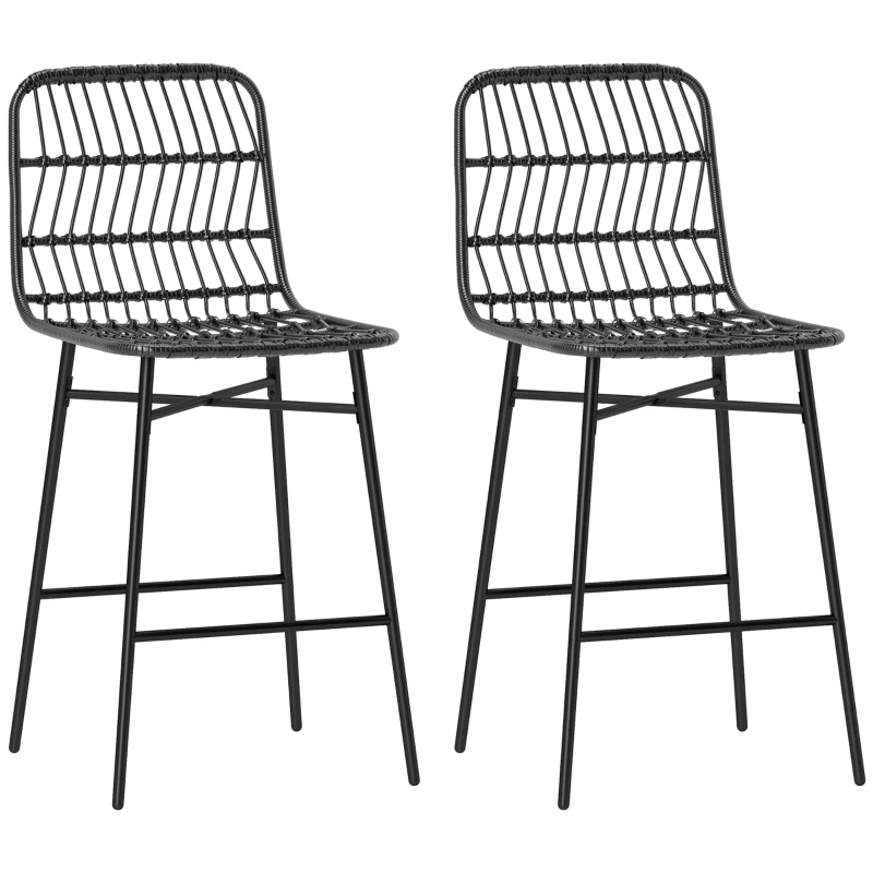 HOMCOM Rattan Counter Bar Stools Set of 2, 26" Counter Height Barstools with Back, Bar Chairs for Kitchen Island, Black